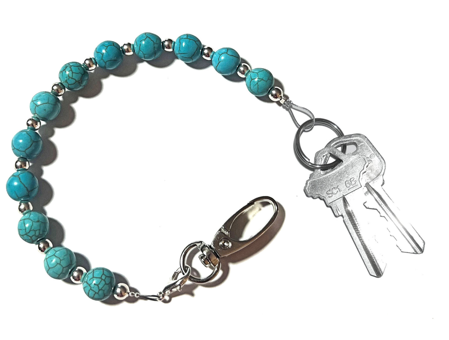 Turquoise - Key Keeper 12" With Retractable Reel Women's Beaded Hand Strap Chain Finder Organizer Wallet Purse Holder Ring