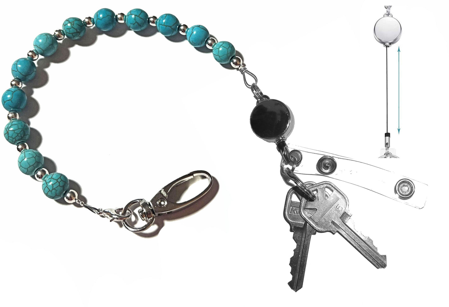 Turquoise - Key Keeper 12" With Retractable Reel Women's Beaded Hand Strap Chain Finder Organizer Wallet Purse Holder Ring