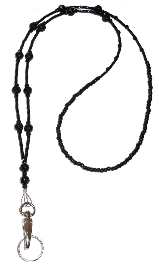 Non Breakaway - Simple Black (Ultra Slim & Light) Fashion Women's Beaded Lanyard, 34" Made in USA Key and ID Badge Holder