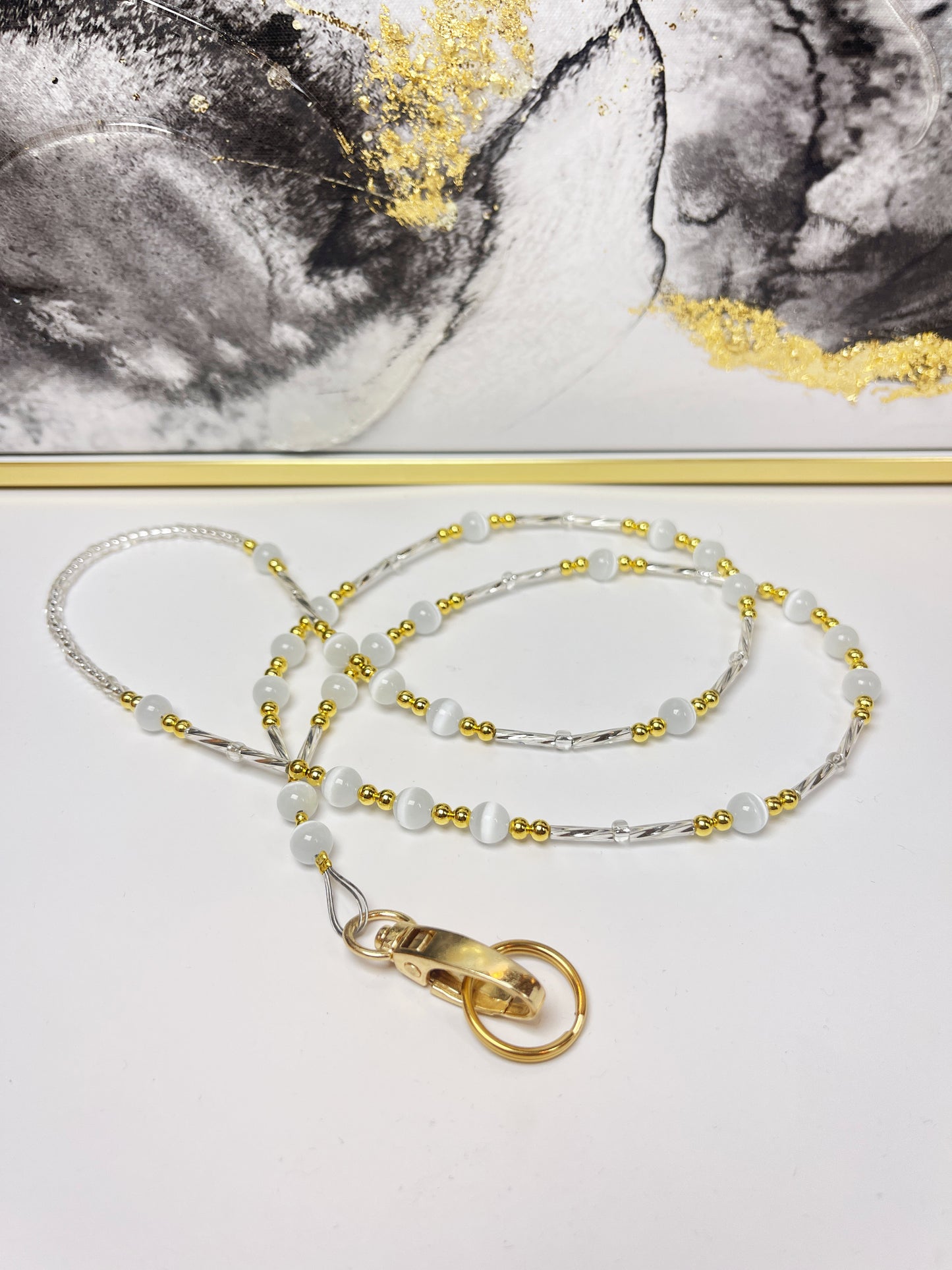 Simple White Gold Beaded Lanyard 34" - NON Breakaway