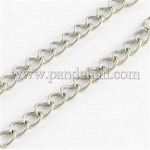 Stainless Steel Curb Chains, Solder, Stainless Steel Color Size: chain links: about 4mm long, 3mm wide, 0.5mm thick, 100m/strand.