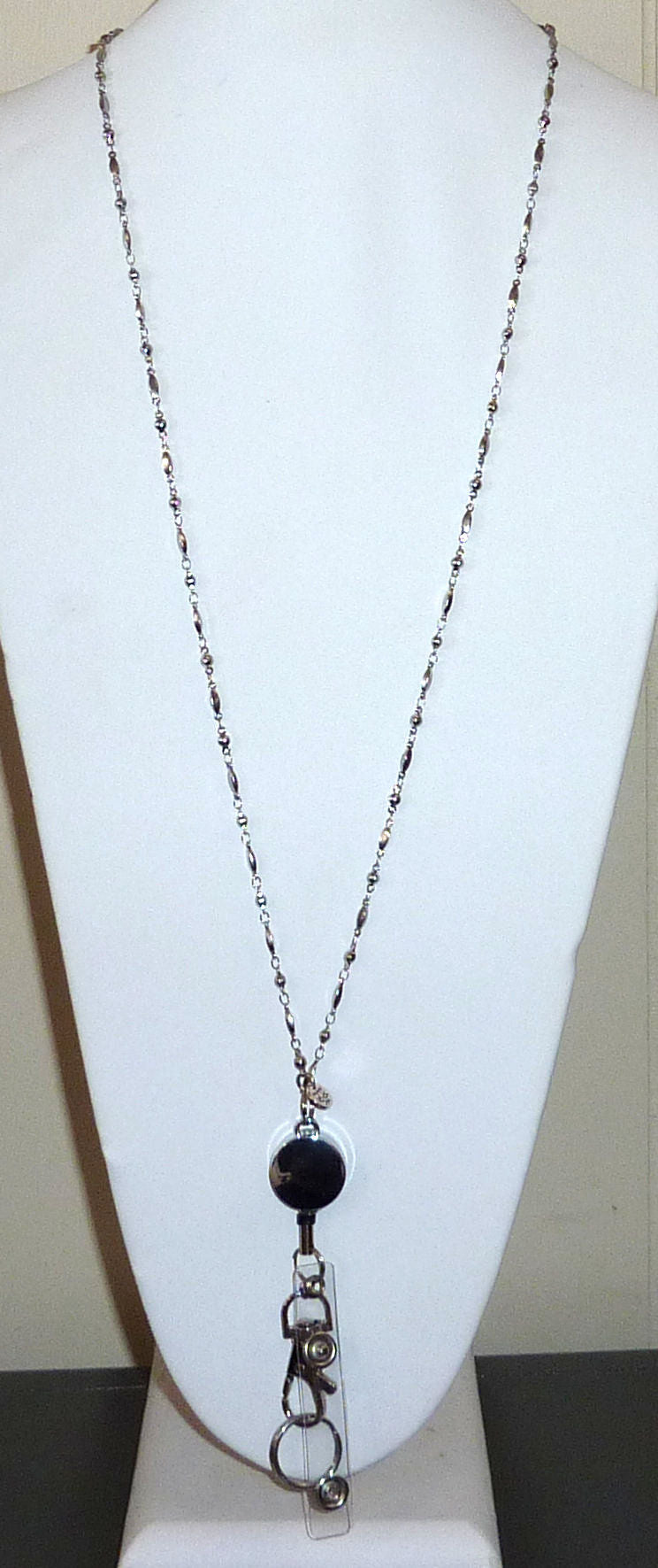 Retractable Reel - Stainless Steel Style Fashion Women's Beaded Lanyard 34", Made in USA, for Keys, Badge Holder