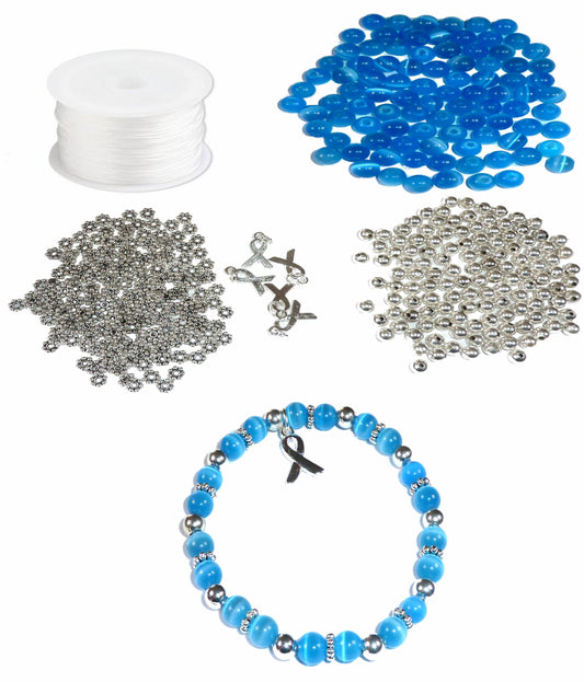 DIY Kit, Everything You Need to Make Cancer Awareness Bracelets, Uses Stretch Cord, Great for Fundraising Makes 5 - Blue (Colon Cancer)