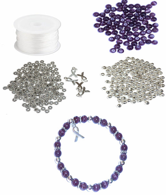 DIY Kit, Everything You Need to Make Cancer Awareness Bracelets, Uses Stretch Cord, Great for Fundraising Makes 5 - Purple (Pancreatic)