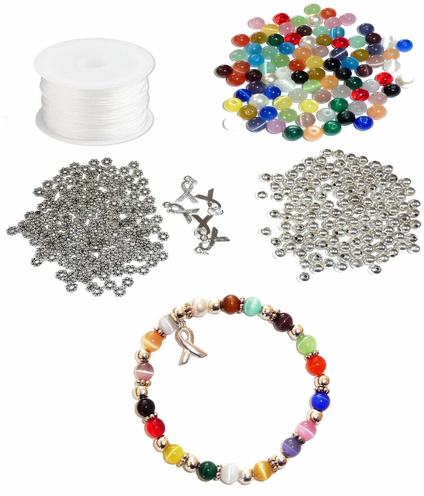 DIY Kit, Everything You Need to Make Cancer Awareness Bracelets, Uses Stretch Cord, Great for Fundraising Makes 5 - Multi Colored