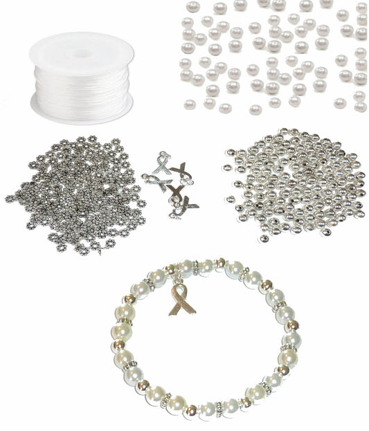 DIY Kit, Everything You Need to Make Cancer Awareness Bracelets, Uses Stretch Cord, Great for Fundraising Makes 5 - White Pearl (Lung)
