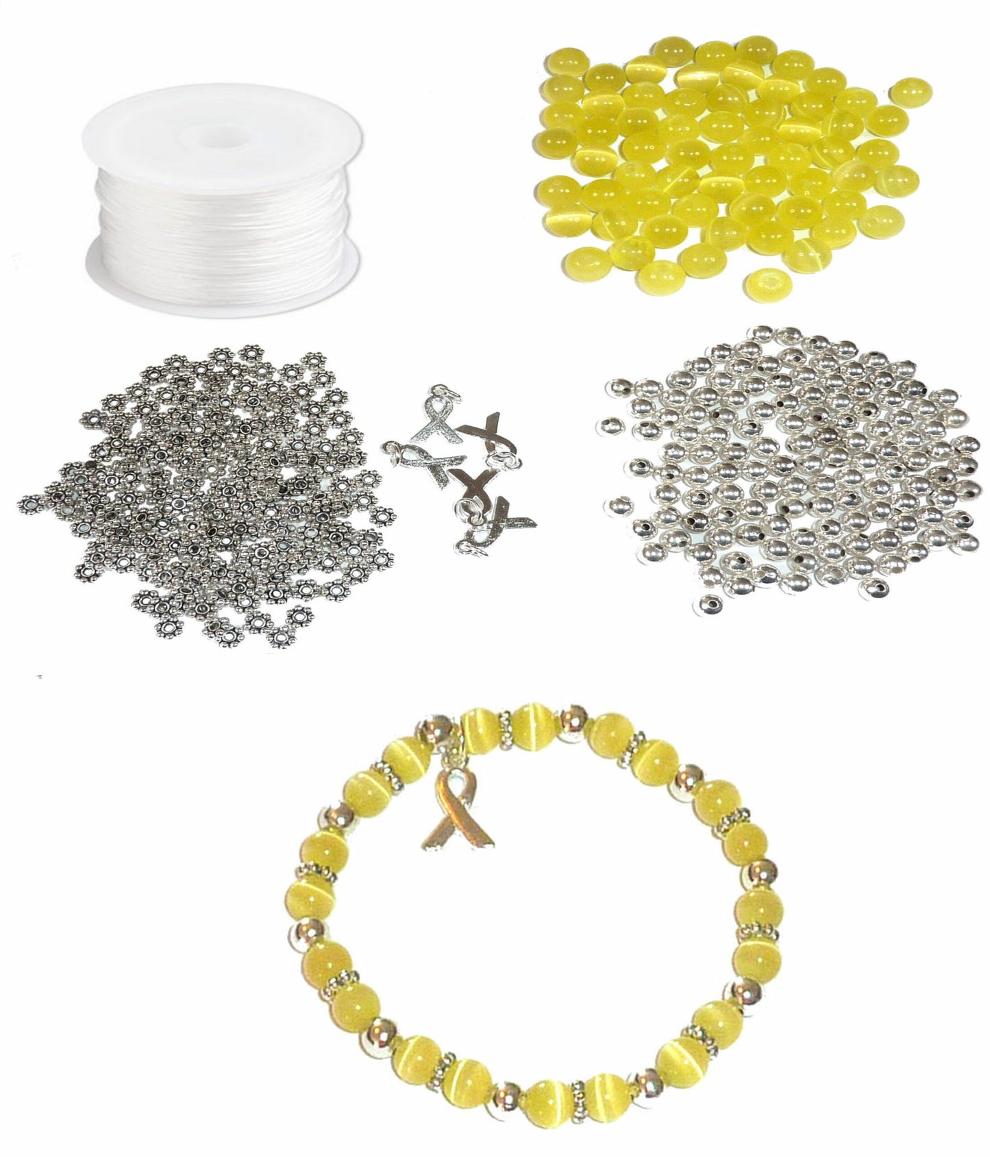 DIY Kit, Everything You Need to Make Cancer Awareness Bracelets, Uses Stretch Cord, Great for Fundraising Makes 5 - Yellow (Bladder & Sarcoma)