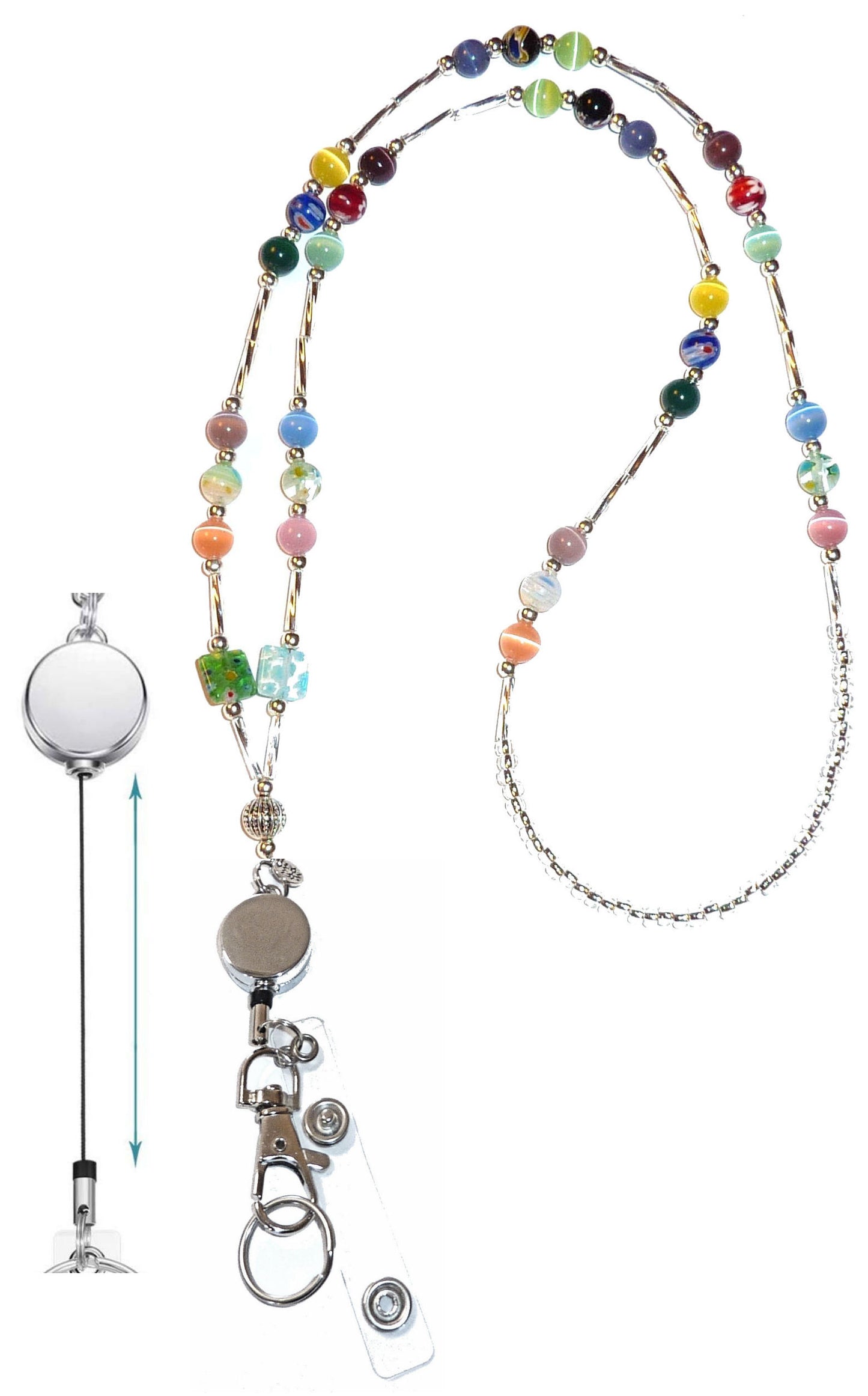 Retractable Reel - Super Slim Multi Style Fashion Women's Beaded Lanyard 34", Made in USA, for Keys, Badge Holder