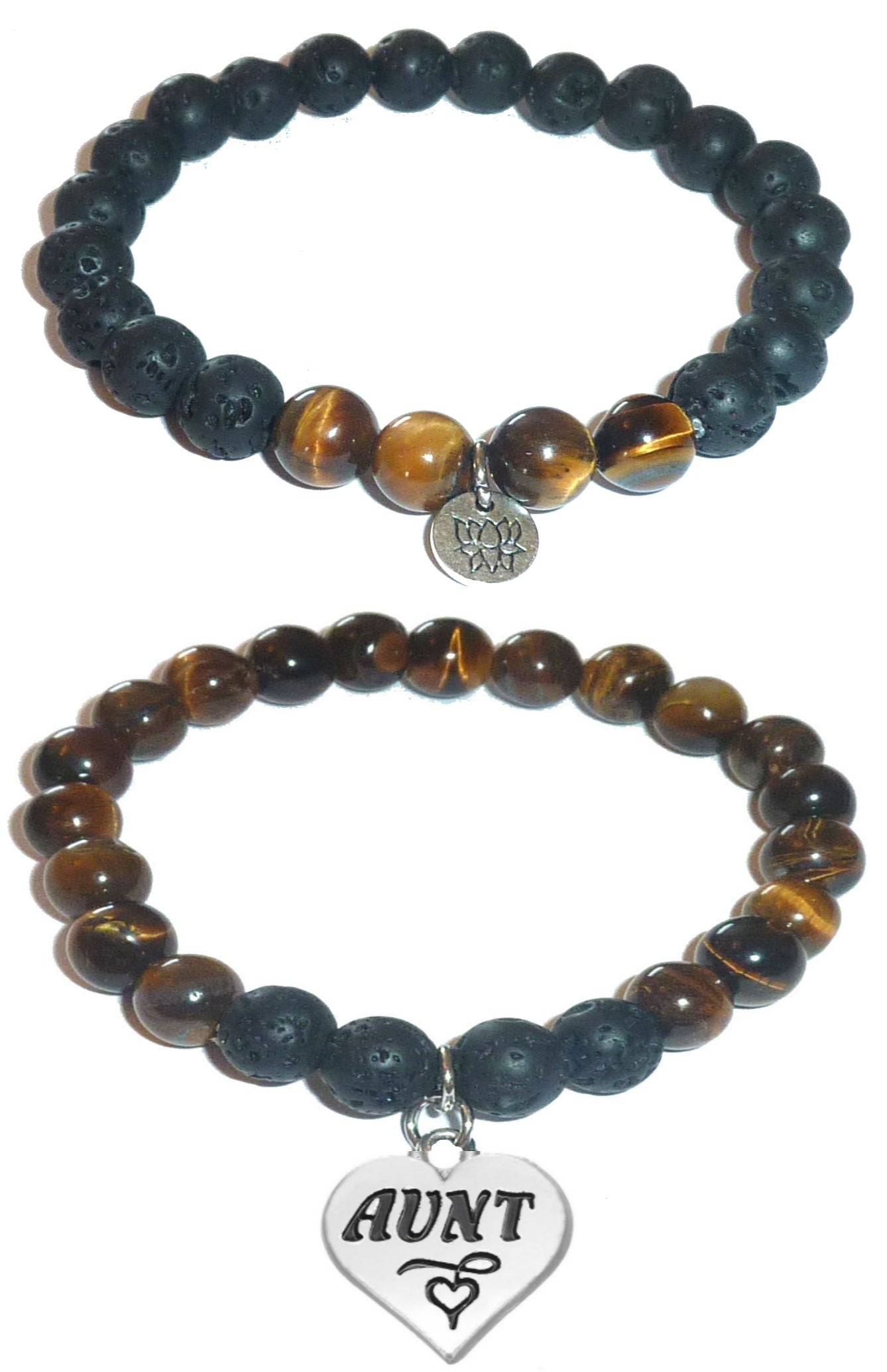 Aunt - Women's Tiger Eye & Black Lava Diffuser Yoga Beads Charm Stretch Bracelet Gift Set