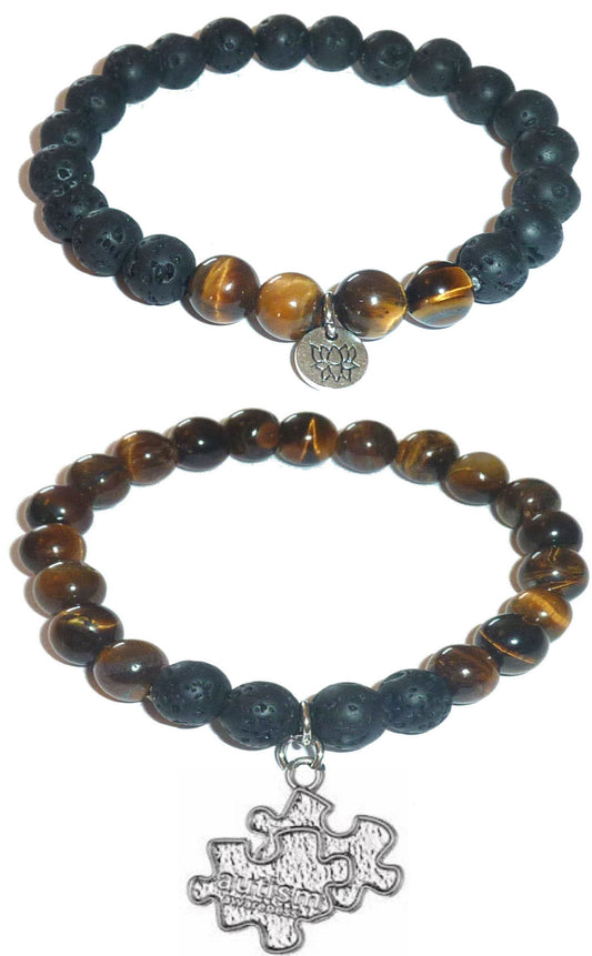 Autism - Women's Tiger Eye & Black Lava Diffuser Yoga Beads Charm Stretch Bracelet Gift Set
