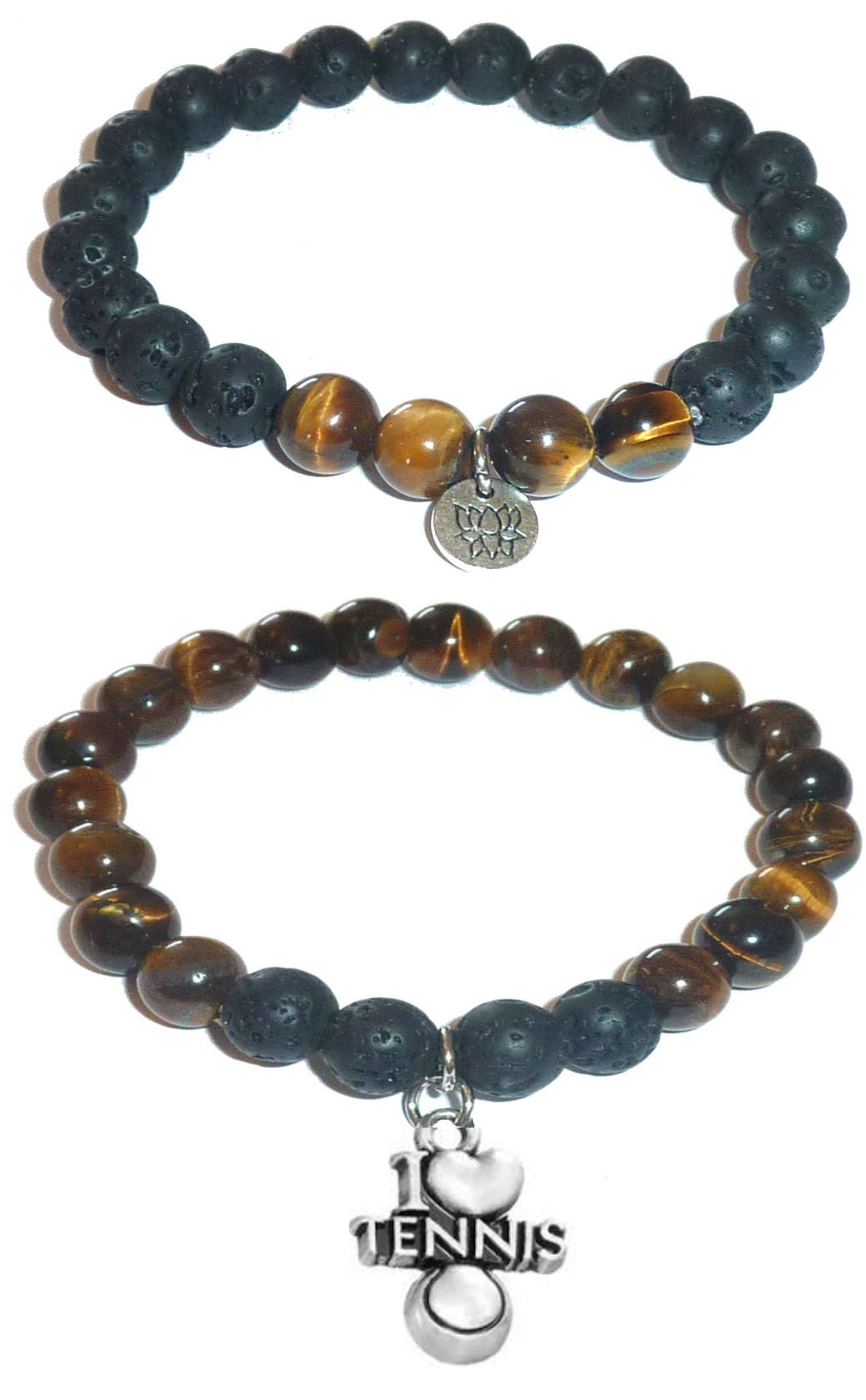 I Love Tennis - Women's Tiger Eye & Black Lava Diffuser Yoga Beads Charm Stretch Bracelet Gift Set