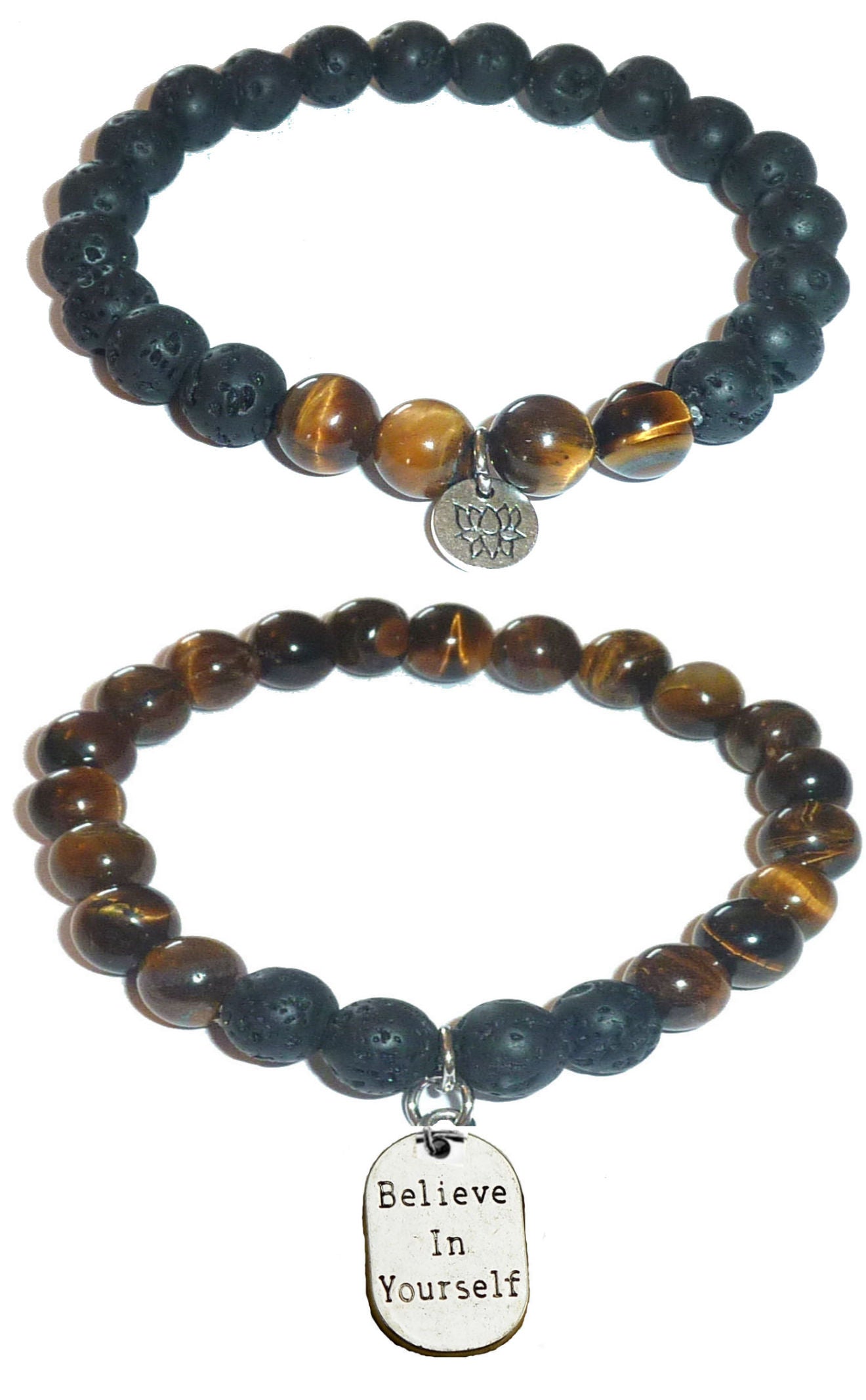 Believe in your self - Women's Tiger Eye & Black Lava Diffuser Yoga Beads Charm Stretch Bracelet Gift Set