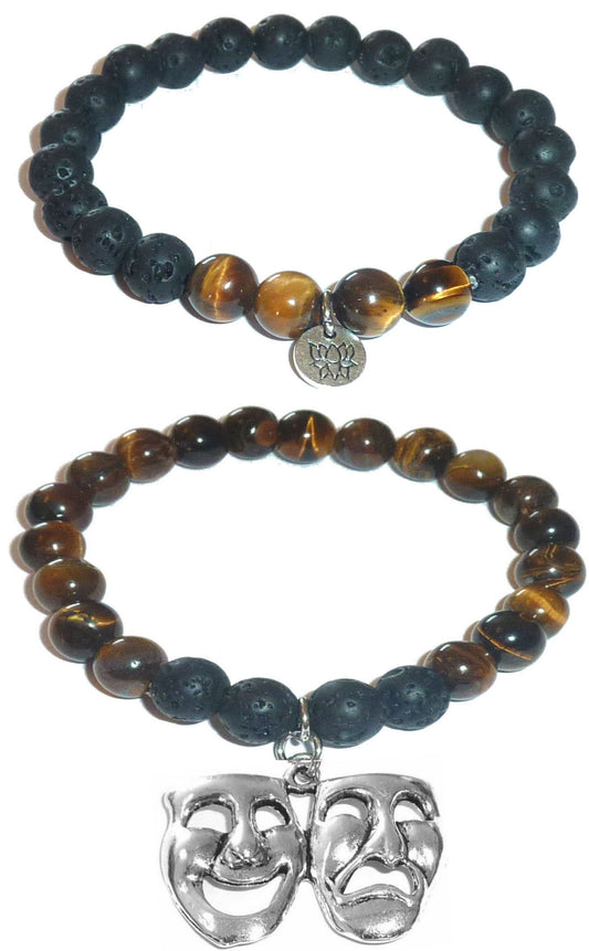 Comedy & Tragedy - Women's Tiger Eye & Black Lava Diffuser Yoga Beads Charm Stretch Bracelet Gift Set