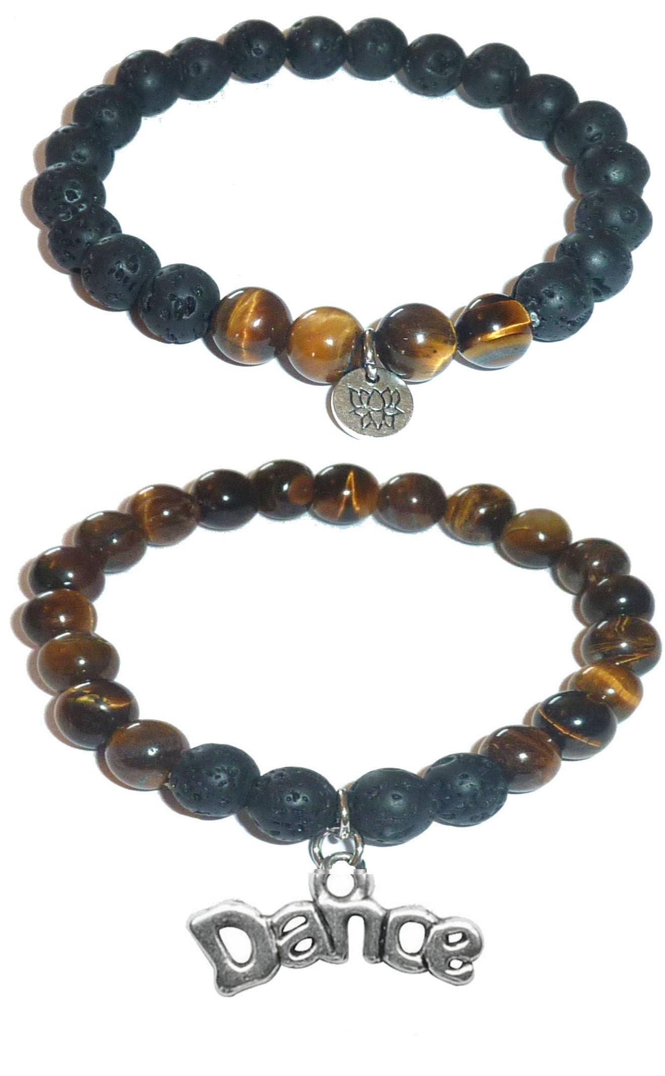 Dance - Women's Tiger Eye & Black Lava Diffuser Yoga Beads Charm Stretch Bracelet Gift Set