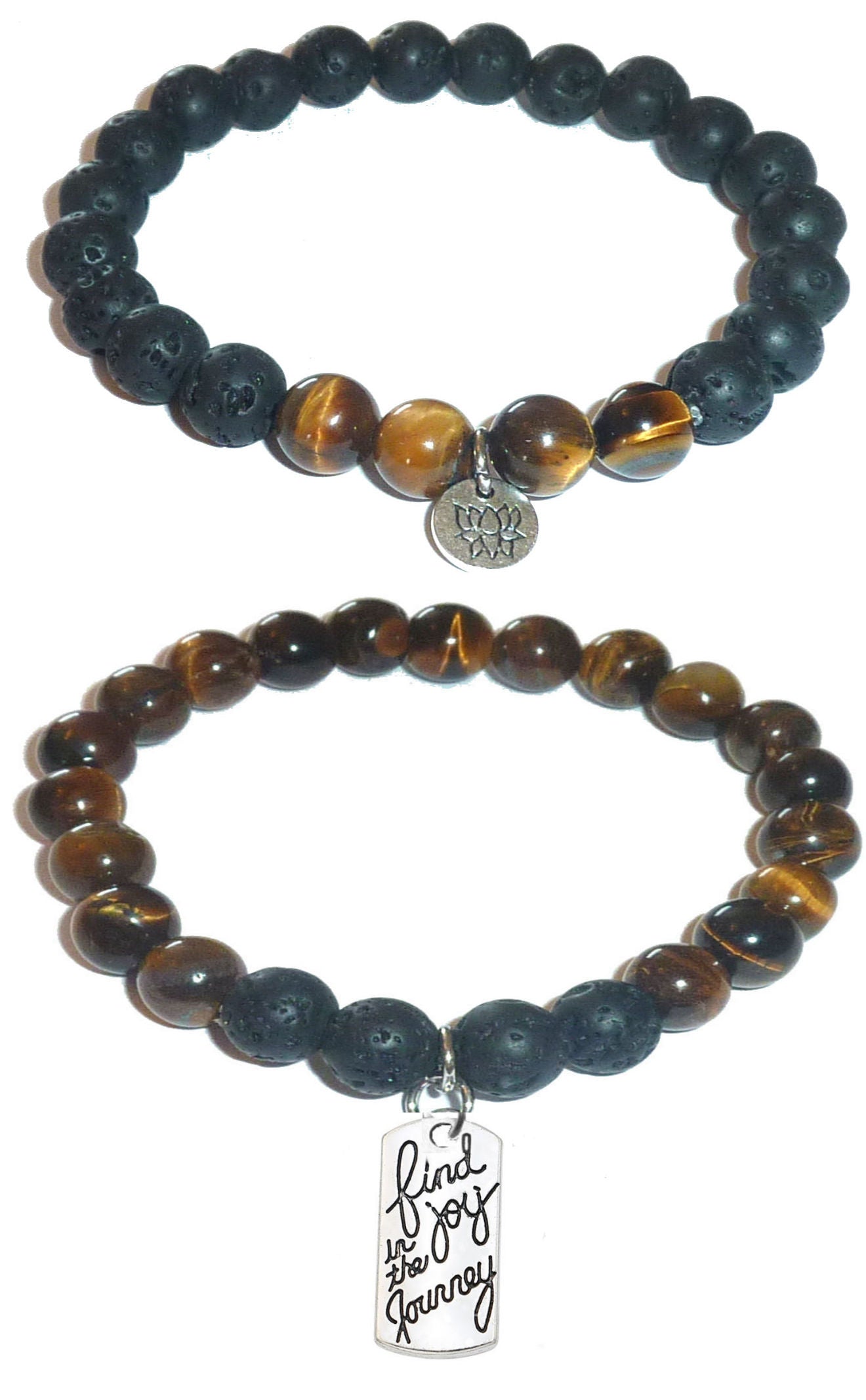 Find Joy In The Journey - Women's Tiger Eye & Black Lava Diffuser Yoga Beads Charm Stretch Bracelet Gift Set