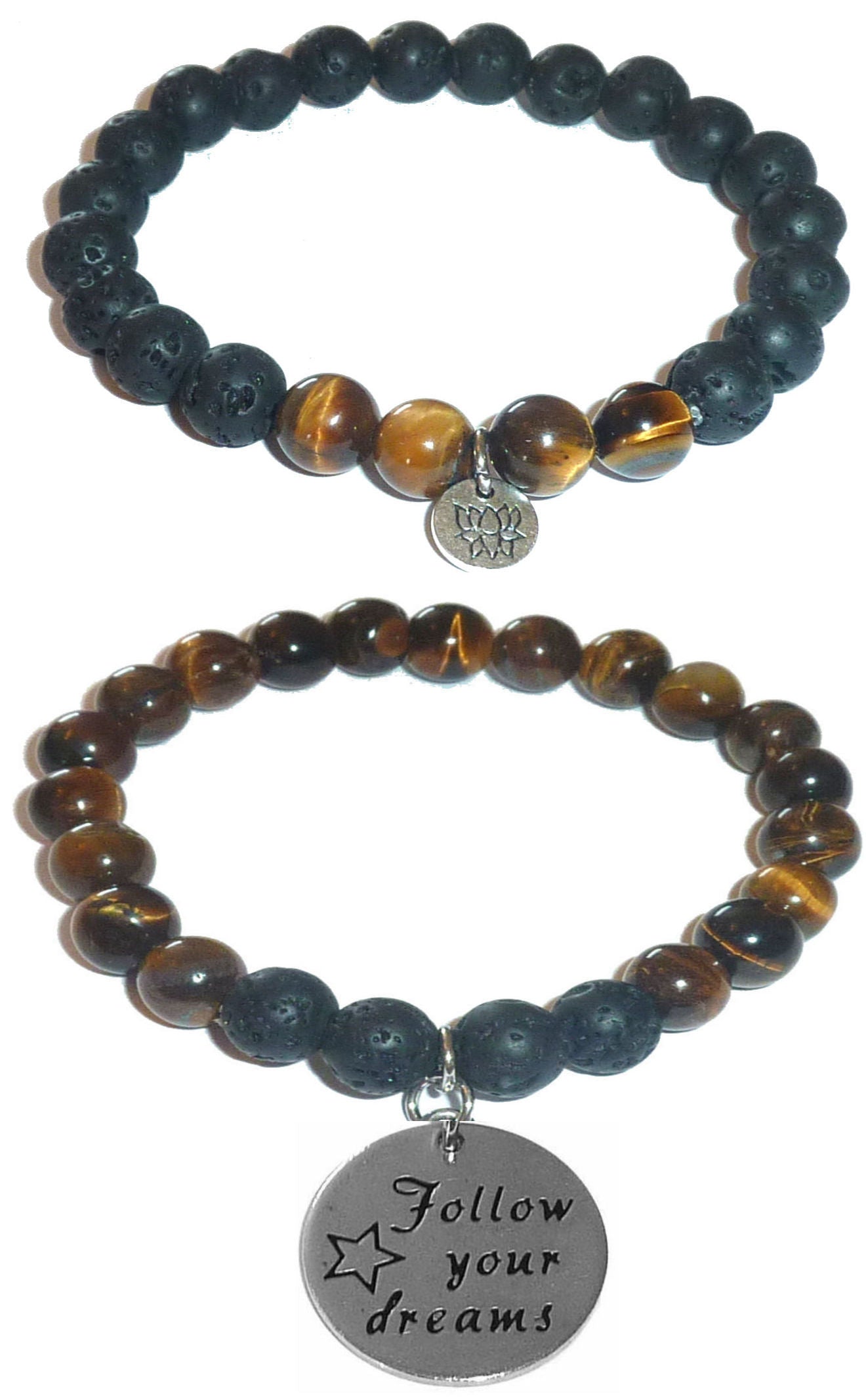 Follow Your Dreams - Women's Tiger Eye & Black Lava Diffuser Yoga Beads Charm Stretch Bracelet Gift Set