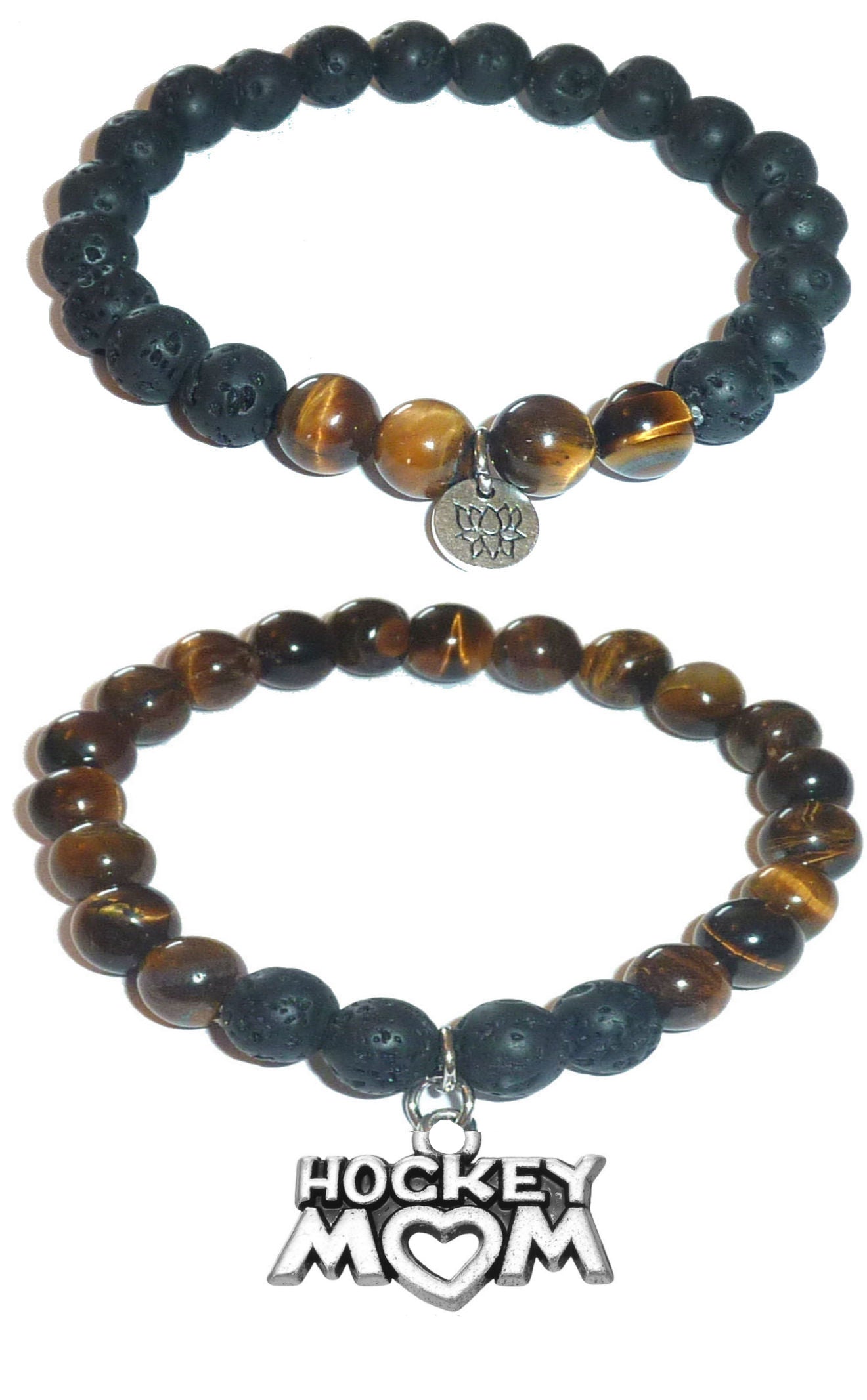 Hockey Mom - Women's Tiger Eye & Black Lava Diffuser Yoga Beads Charm Stretch Bracelet Gift Set