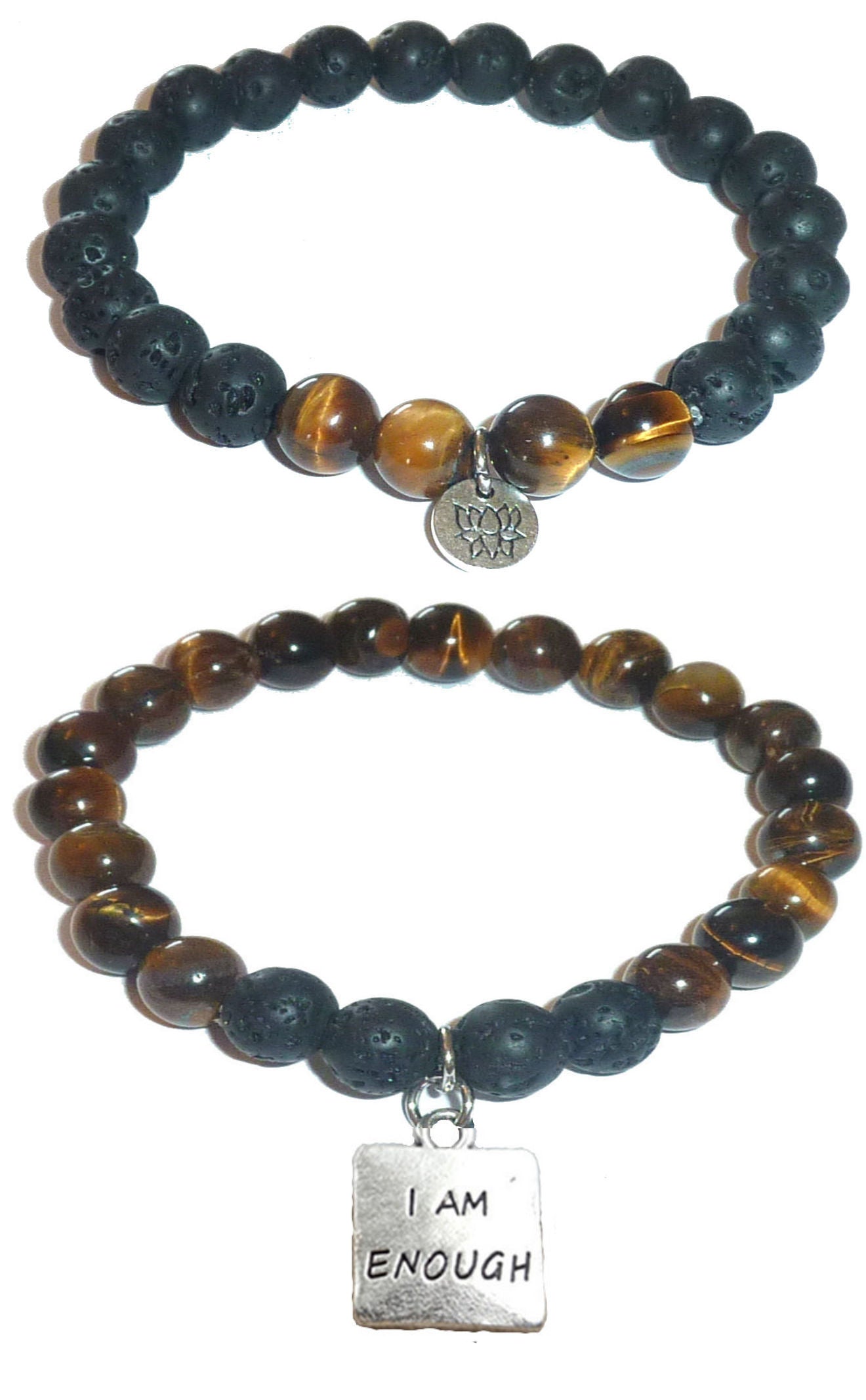 I am enough - Women's Tiger Eye & Black Lava Diffuser Yoga Beads Charm Stretch Bracelet Gift Set
