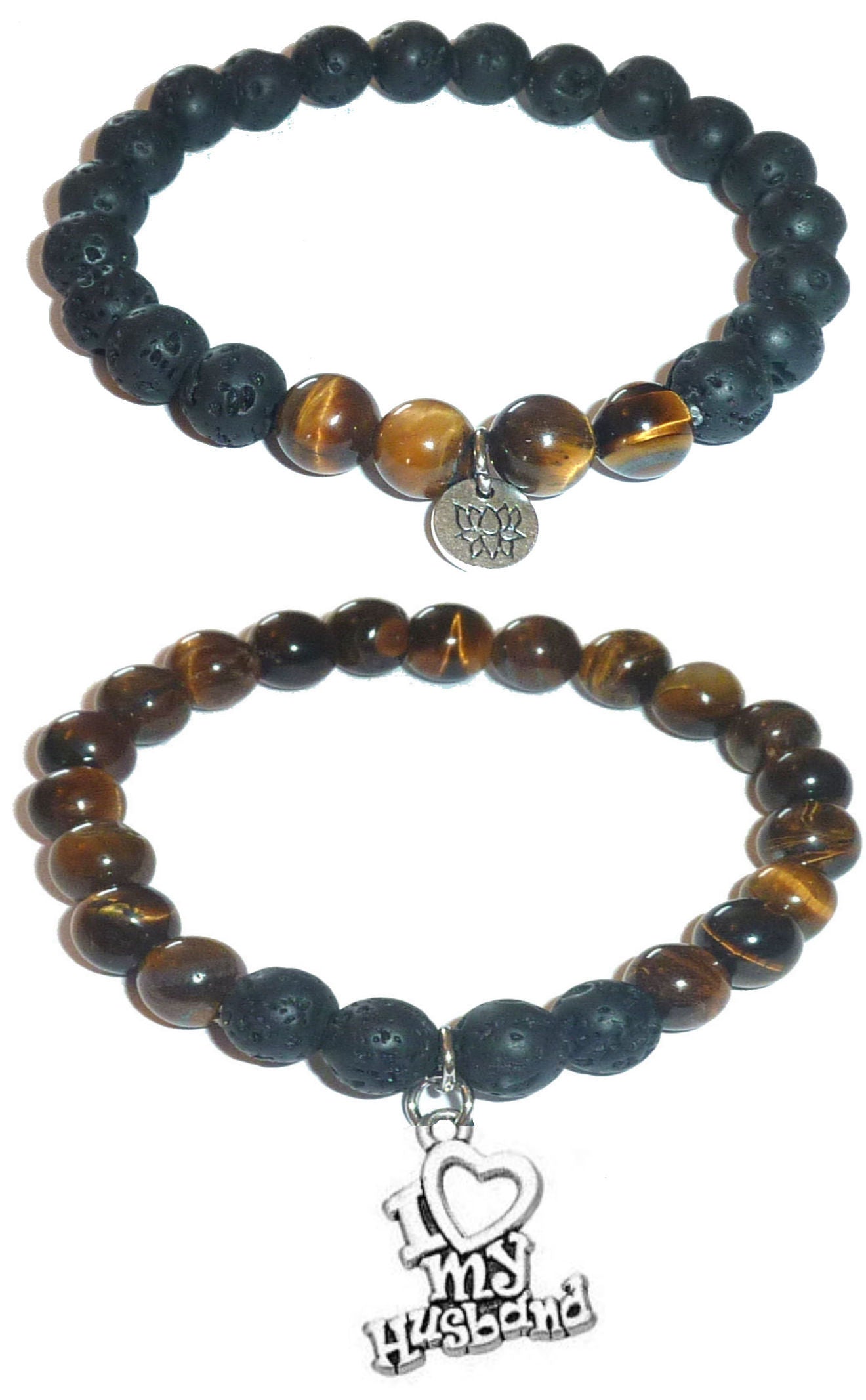I Love My Husband - Women's Tiger Eye & Black Lava Diffuser Yoga Beads Charm Stretch Bracelet Gift Set