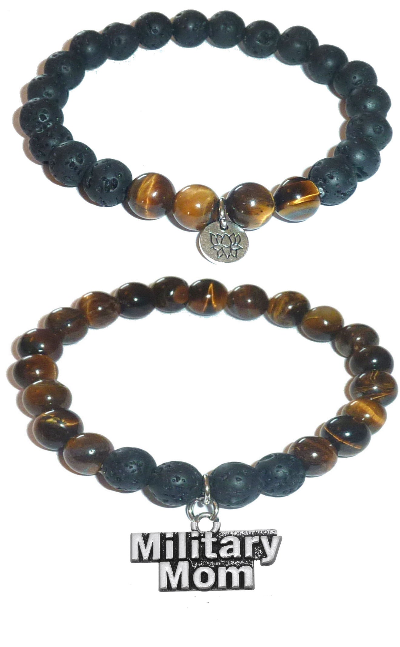 Military Mom - Women's Tiger Eye & Black Lava Diffuser Yoga Beads Charm Stretch Bracelet Gift Set