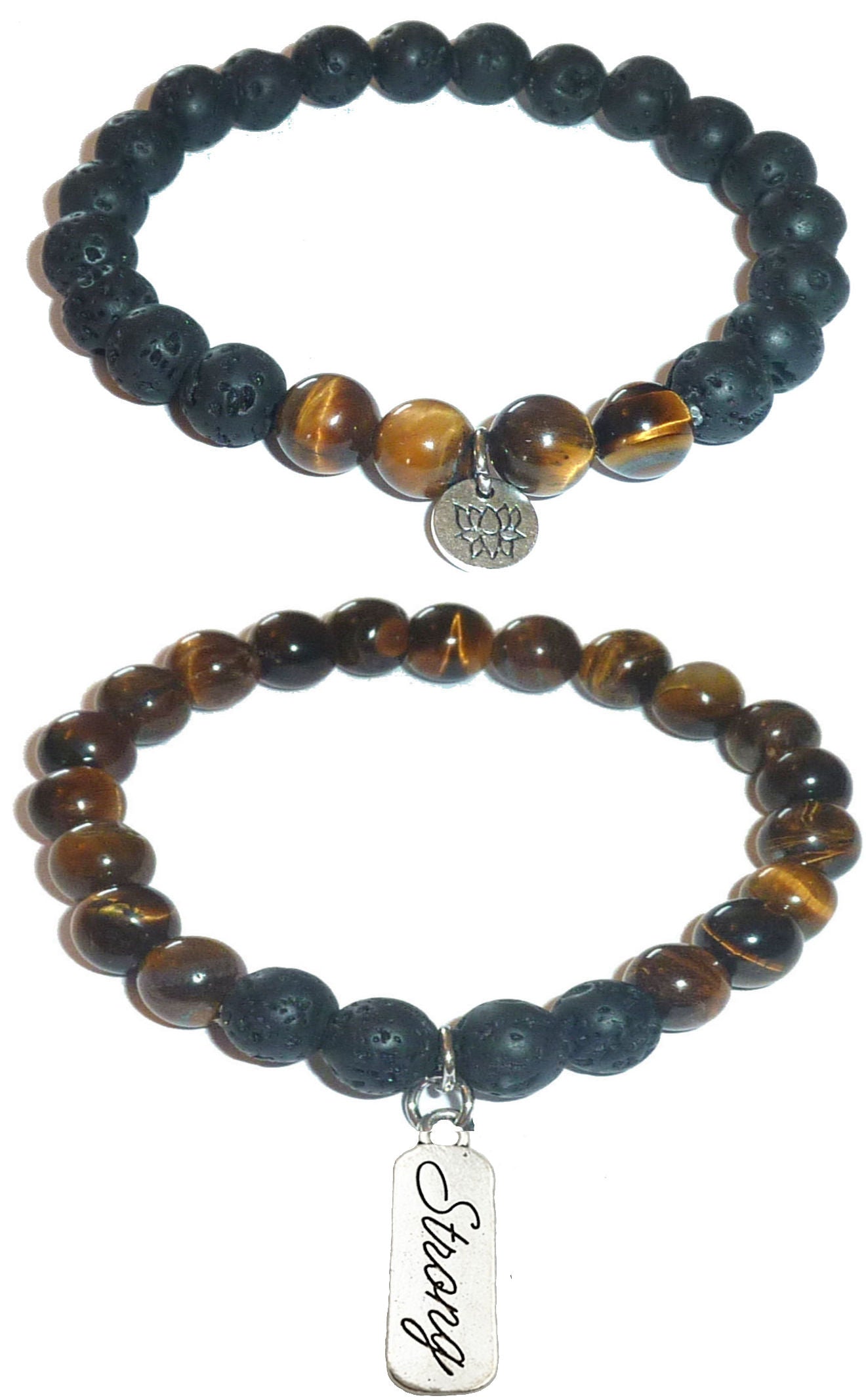 Strong - Women's Tiger Eye & Black Lava Diffuser Yoga Beads Charm Stretch Bracelet Gift Set