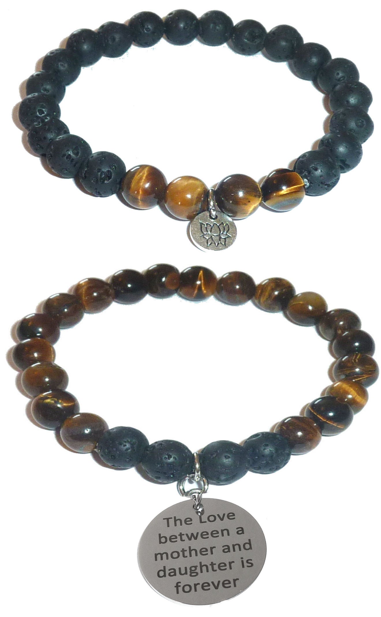 Love Between A Mother & Daughter Is Forever - Women's Tiger Eye & Black Lava Diffuser Yoga Beads Charm Stretch Bracelet Gift Set