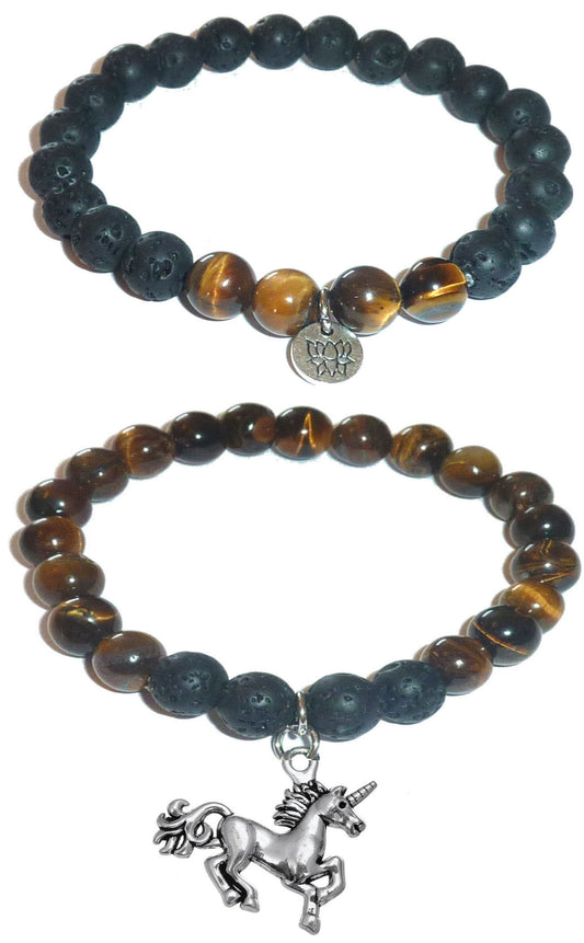 Unicorn Charm - Women's Tiger Eye & Black Lava Diffuser Yoga Beads Charm Stretch Bracelet Gift Set