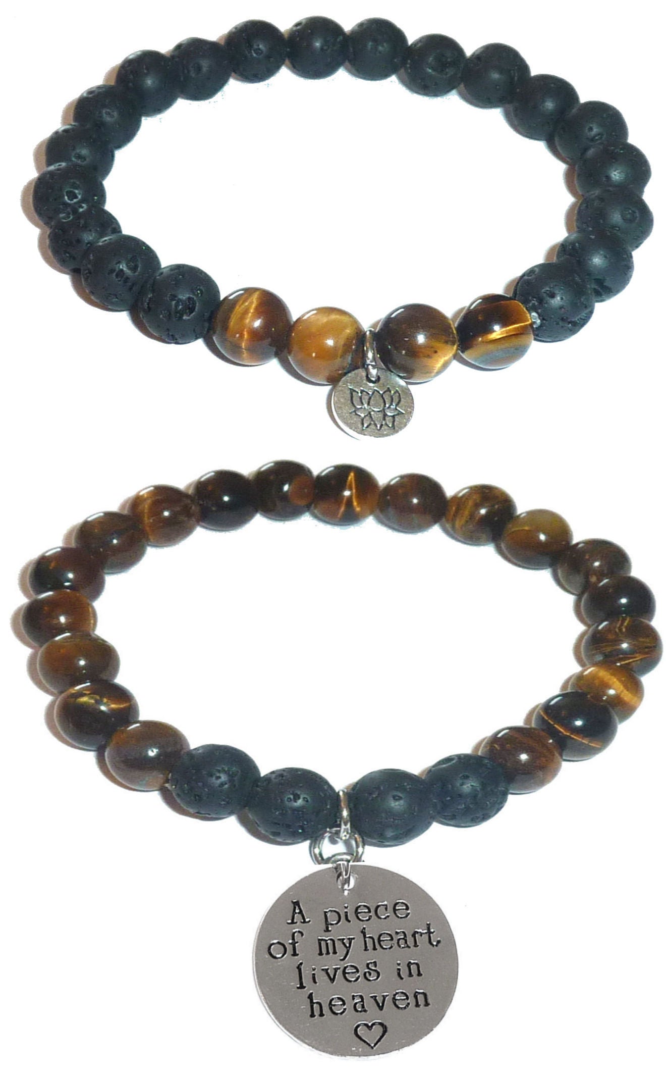 A Piece Of My Heart Is In Heaven - Women's Tiger Eye & Black Lava Diffuser Yoga Beads Charm Stretch Bracelet Gift Set