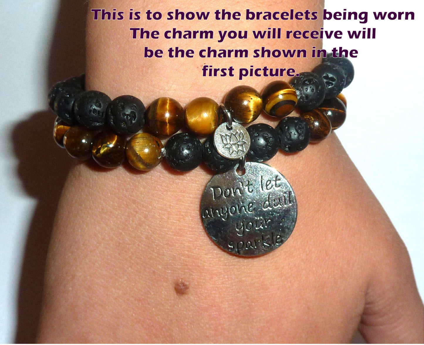She Believed She Could So She Did - Women's Tiger Eye & Black Lava Diffuser Yoga Beads Charm Stretch Bracelet Gift Set