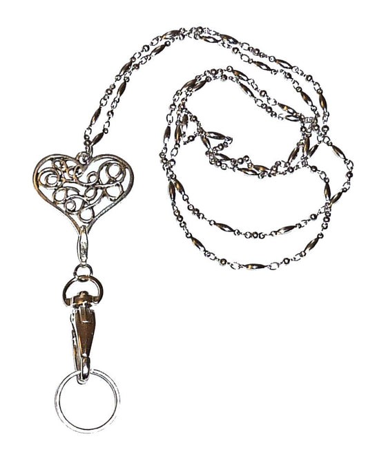 Non Breakaway - Trendy Heart Women's Lanyard Stainless Steel Chain, Made in USA, Fashion ID Badge Holder, 34" Long, Holds Keys and Badge