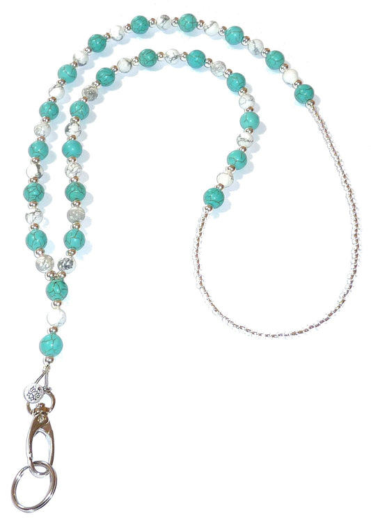 Non - Breakaway Women's Beaded Fashion Necklace Lanyard, Made In USA, Vintage Turquoise Look, Strong Badge ID Holder for Keys and Name Tag. 34 inches Long