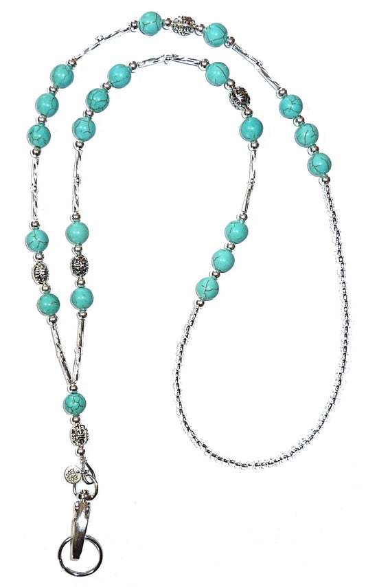 Non - Breakaway Women's Beaded Fashion Necklace Lanyard, Made In USA, Vintage Turquoise & Silver Look, Strong Badge ID Holder for Keys and Name Tag. 34 inches Long