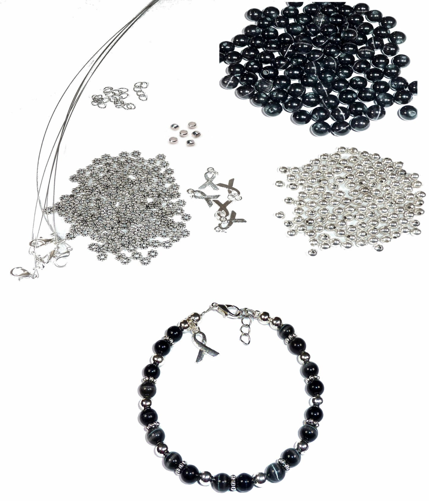 DIY Kit, Everything You Need to Make Cancer Awareness Bracelets, Uses Wire, Crimps and Clasps, Makes 5 - Black (Melanoma)