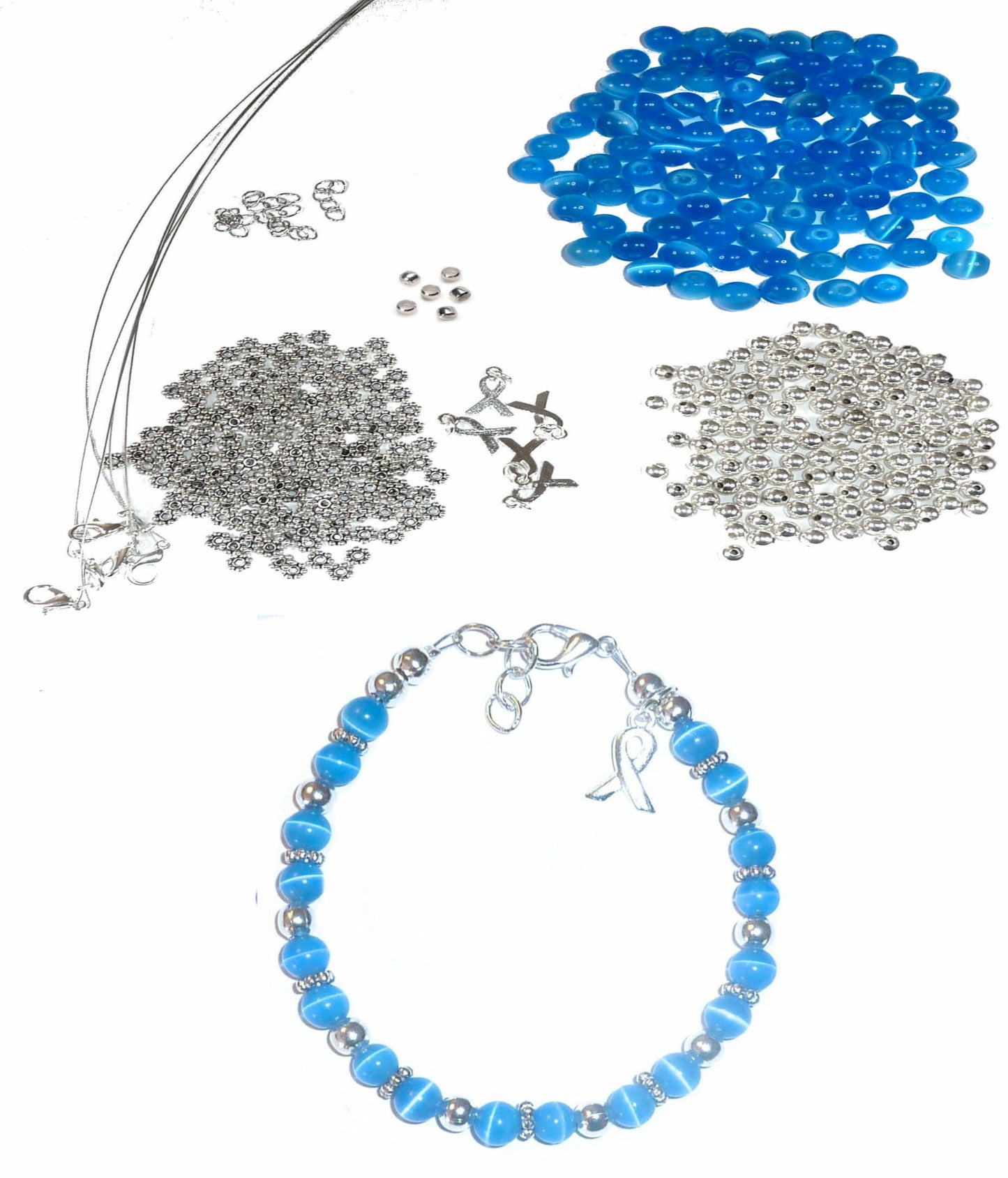 DIY Kit, Everything You Need to Make Cancer Awareness Bracelets, Uses Wire, Crimps and Clasps, Makes 5 - Blue (Colon Cancer)