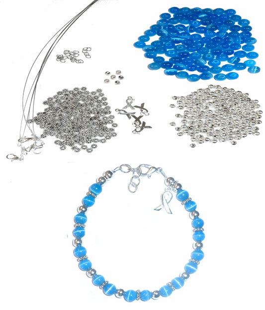 DIY Kit, Everything You Need to Make Cancer Awareness Bracelets, Uses Wire, Crimps and Clasps, Makes 5 - Blue (Colon Cancer)