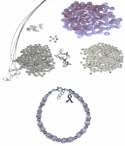 DIY Kit, Everything You Need to Make Cancer Awareness Bracelets, Uses Wire, Crimps and Clasps, Makes 5 - Lavender (All cancer survivors and general cancer awareness)
