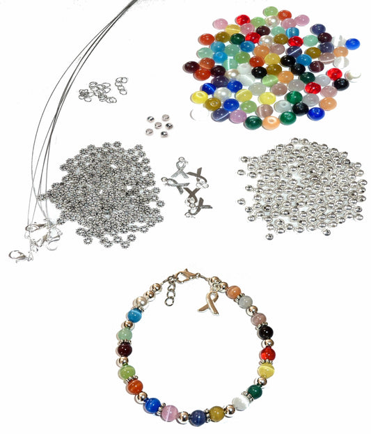 DIY Kit, Everything You Need to Make Cancer Awareness Bracelets, Uses Wire, Crimps and Clasps, Makes 5 - Multi Colored 6mm