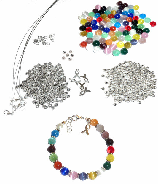 DIY Kit, Everything You Need to Make Cancer Awareness Bracelets, Uses Wire, Crimps and Clasps, Makes 5 - Multi Colored 8mm