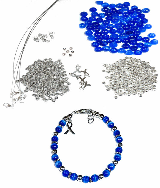 DIY Kit, Everything You Need to Make Cancer Awareness Bracelets, Uses Wire, Crimps and Clasps, Makes 5 - Royal Blue (Prostate)