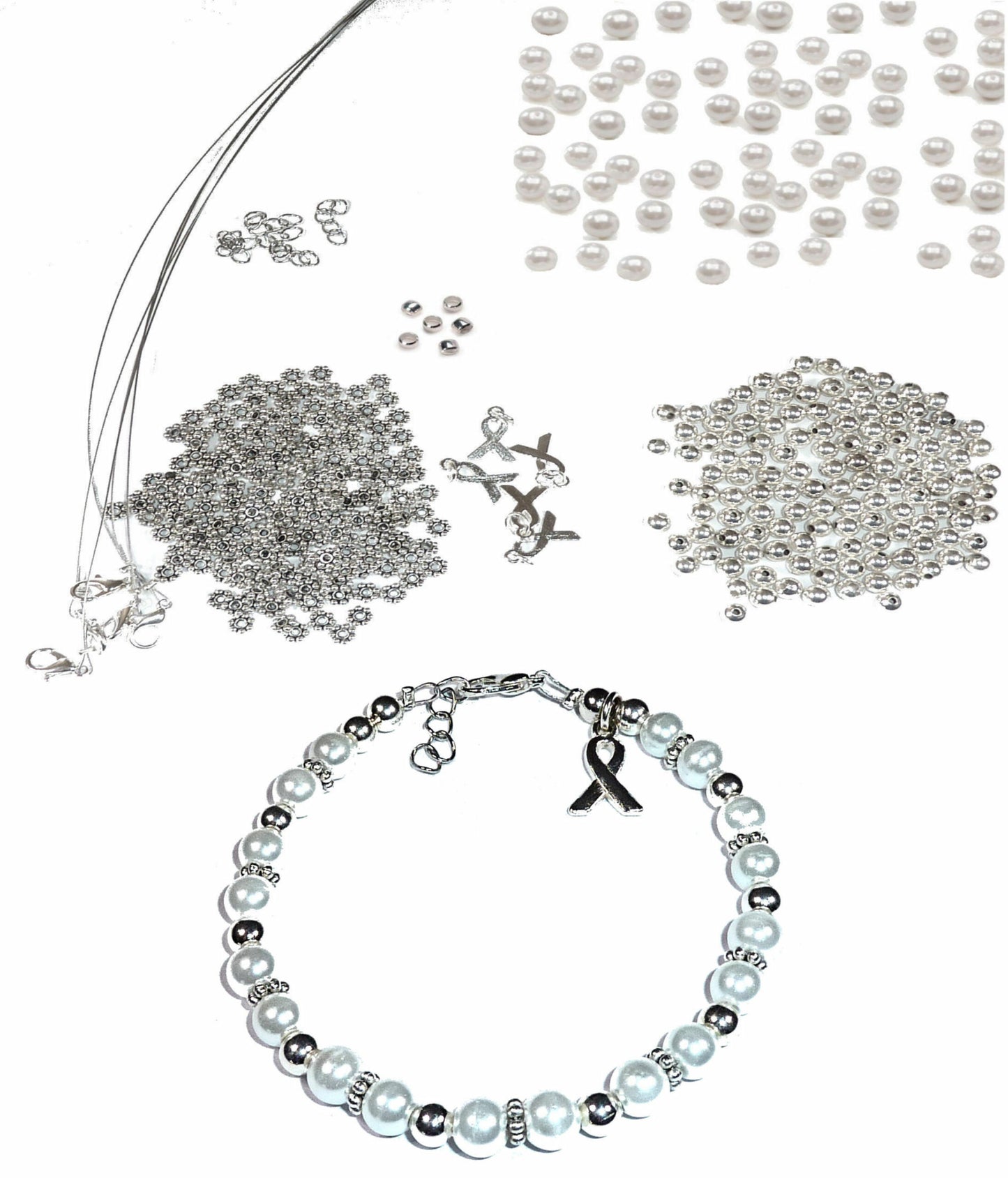 DIY Kit, Everything You Need to Make Cancer Awareness Bracelets, Uses Wire, Crimps and Clasps, Makes 5 - White Pearl (Lung Cancer)