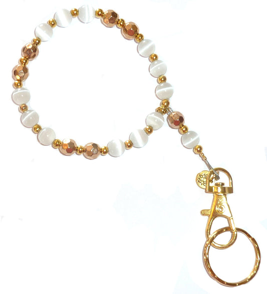 Wrist Lanyard, Beaded Women's Wristlet for Keys, Phone, ID Badge, Lightweight and Strong - White and Gold